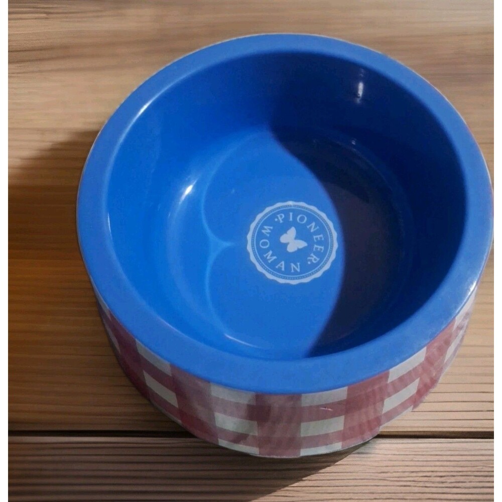 Pioneer Woman Large Pet Bowl Melamine Red Check USED W/ Small Crack